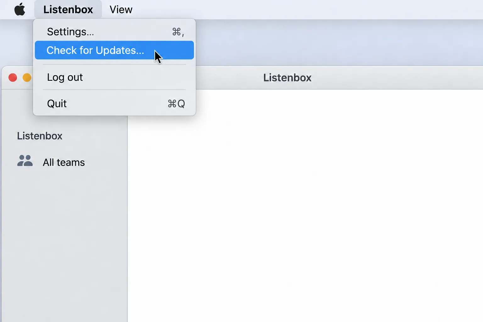 Illustration of the macOS Listenbox menu with Check for Updates selected.