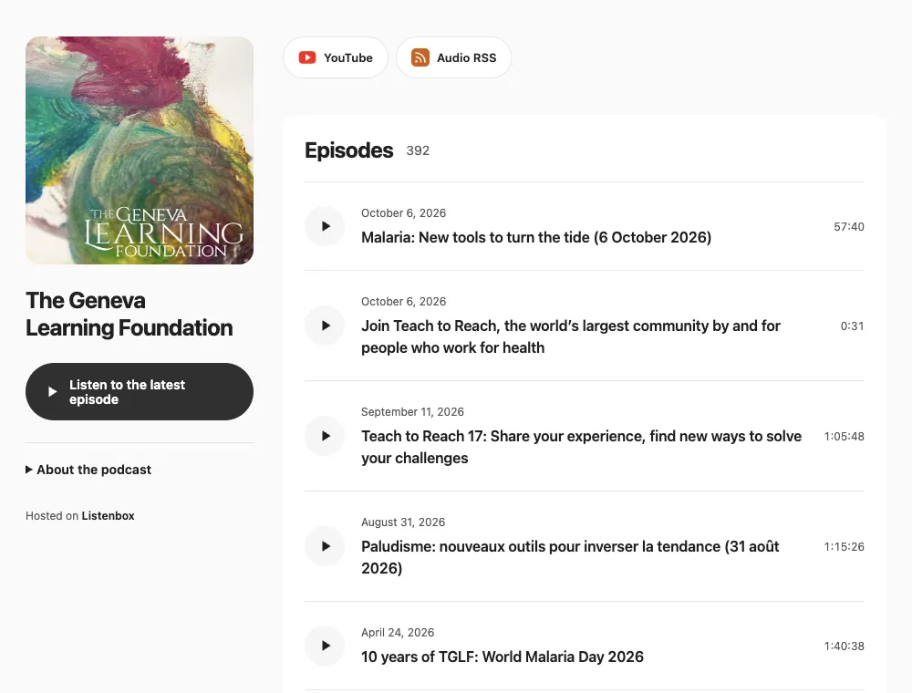 A real Listenbox podcast website: The Geneva Learning Foundation's artwork, latest-episode action, and episode catalog.