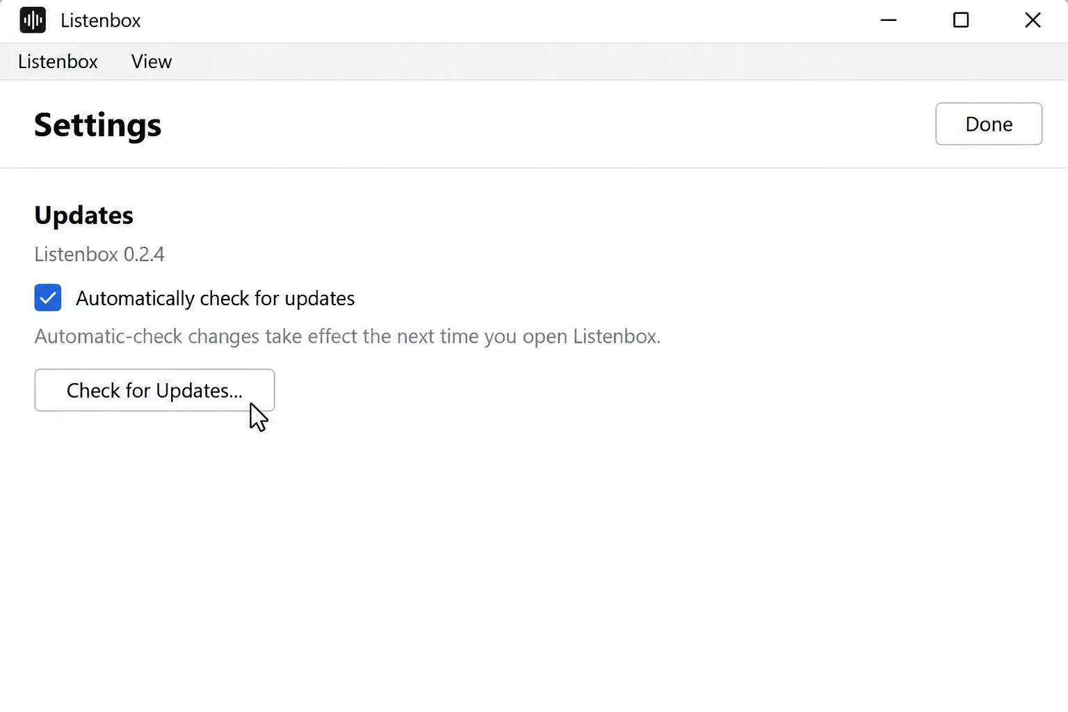 Illustration of Listenbox Settings on Windows, showing the Check for Updates button in Updates.