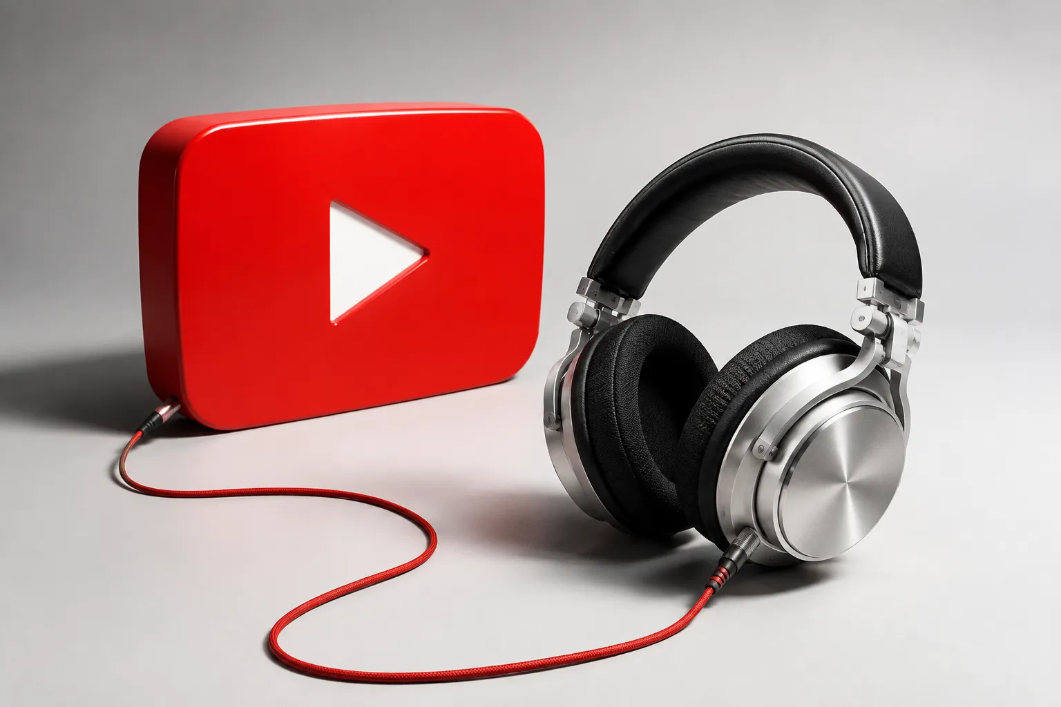 A red video-play sculpture connected to silver studio headphones by an audio cable.